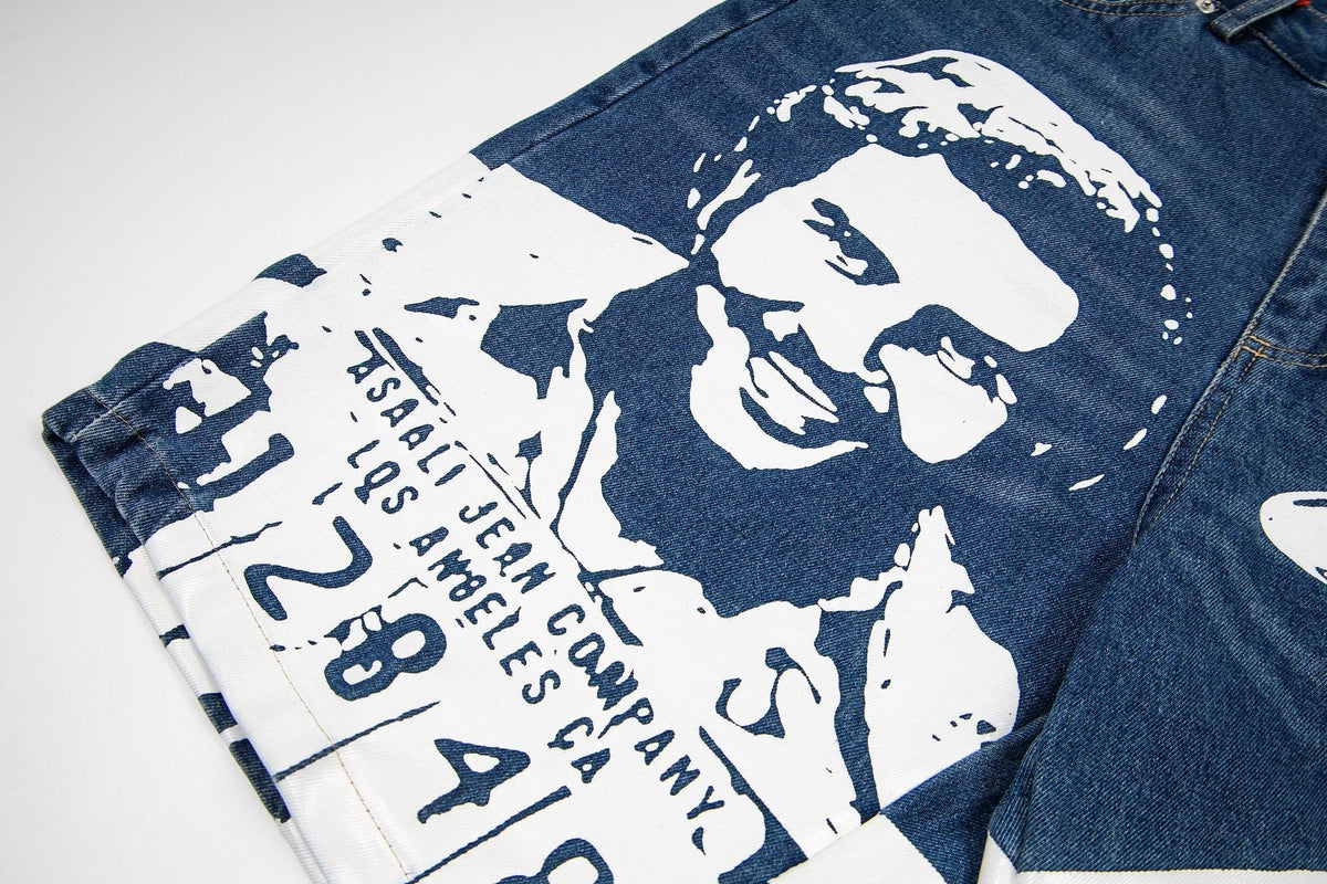 ASAALL Portrait Graphic Washed Denim Shorts ¡ª detail