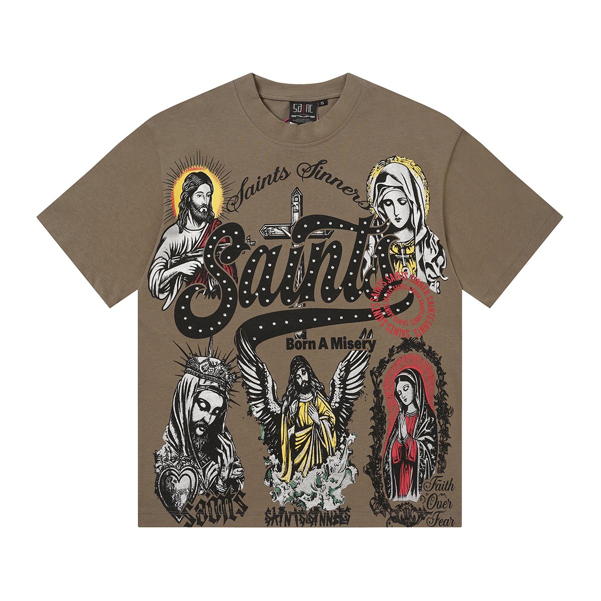 SAINT Rhinestone Religious Graphic T-Shirt ¡ª front