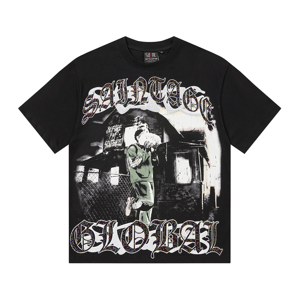 SAINT Black Rhinestone Graphic T-Shirt ¡ª front