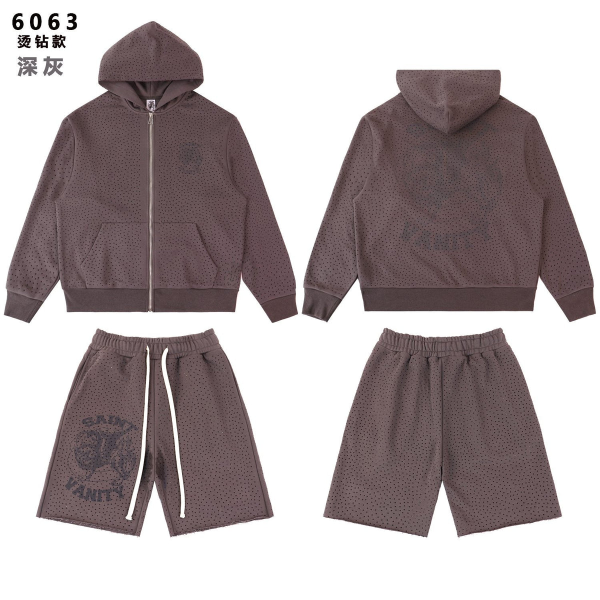 SAINT Vanity Rhinestone Zip Hoodie & Shorts Set ¡ª front