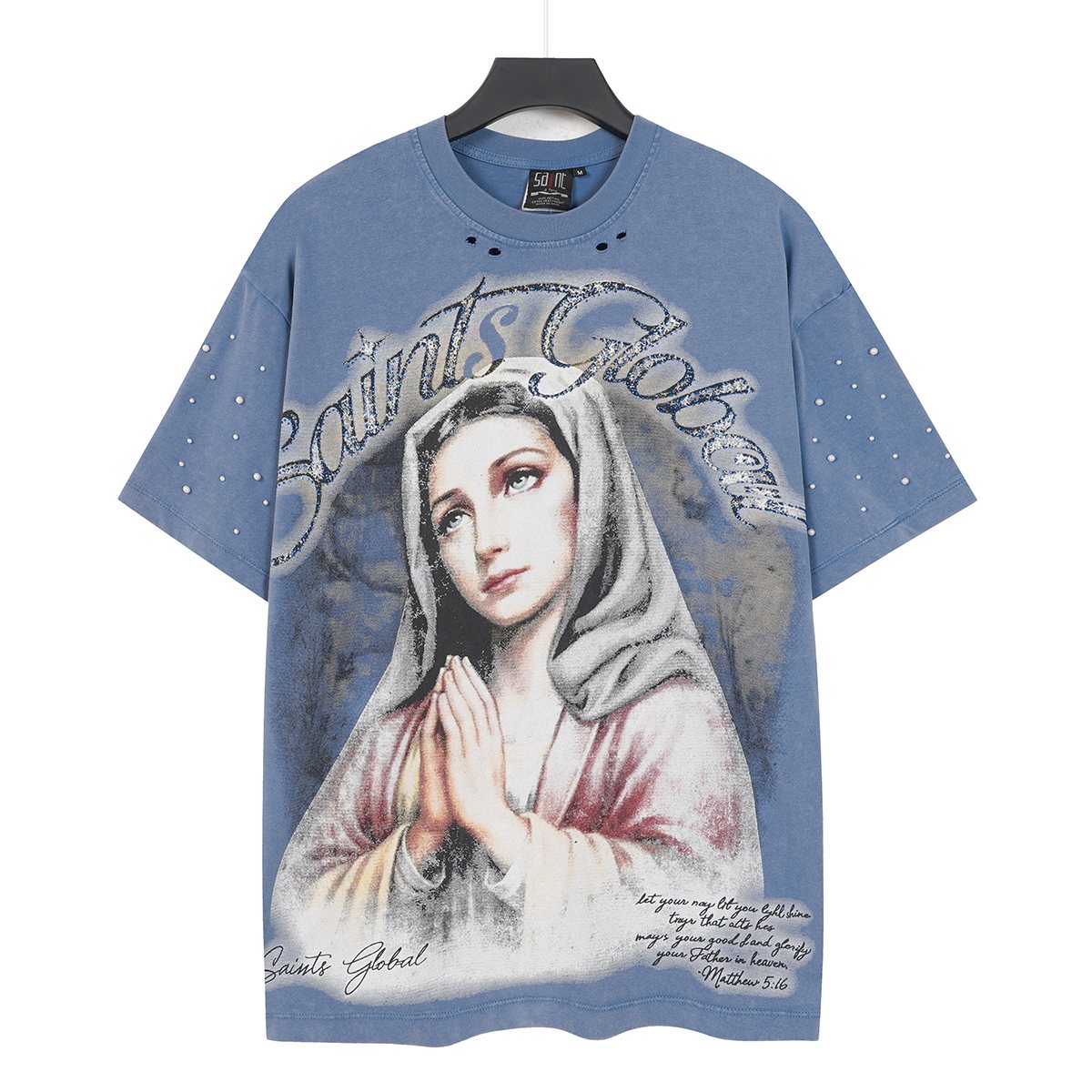 SAINT Distressed Rhinestone Graphic T-Shirt ¡ª front