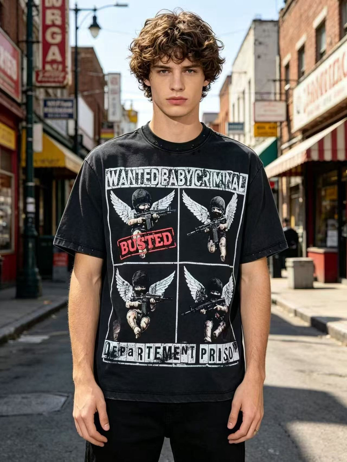 SAINT Rhinestone Distressed Graphic T-Shirt ¡ª model