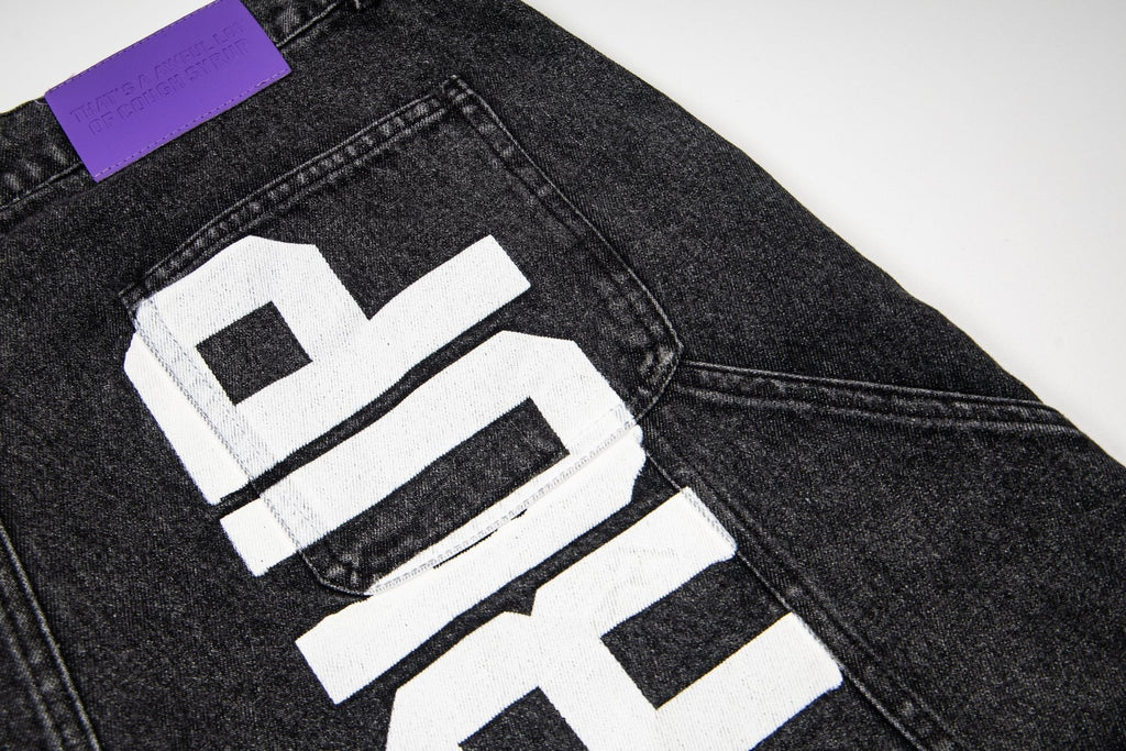 THAT'S A AWFUL LOT OF COUGH SYRUP Washed Denim Graphic Shorts ¡ª detail