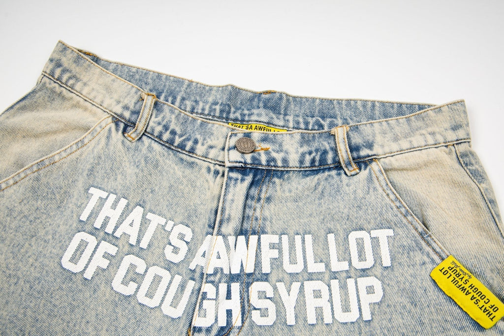 THAT'S A AWFUL LOT OF COUGH SYRUP Washed Denim Graphic Shorts ¡ª detail