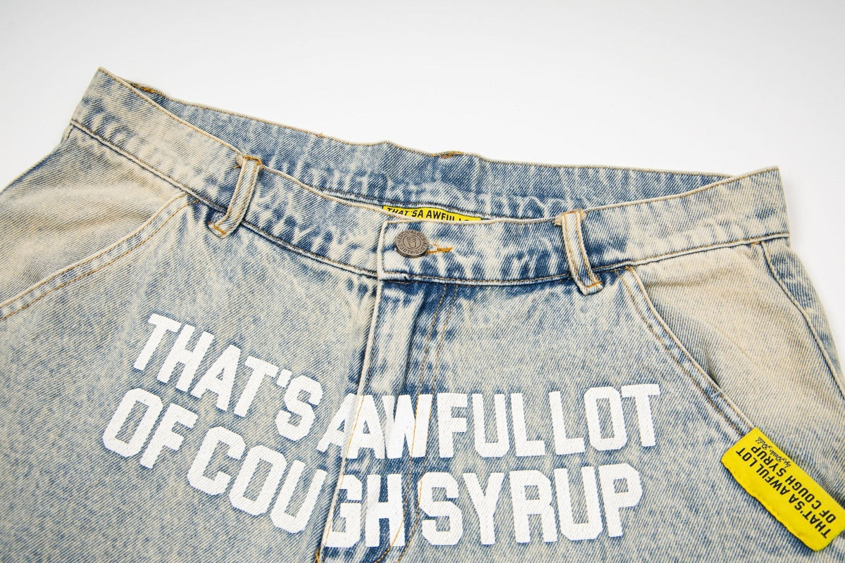THAT'S A AWFUL LOT OF COUGH SYRUP Washed Denim Graphic Shorts ¡ª detail
