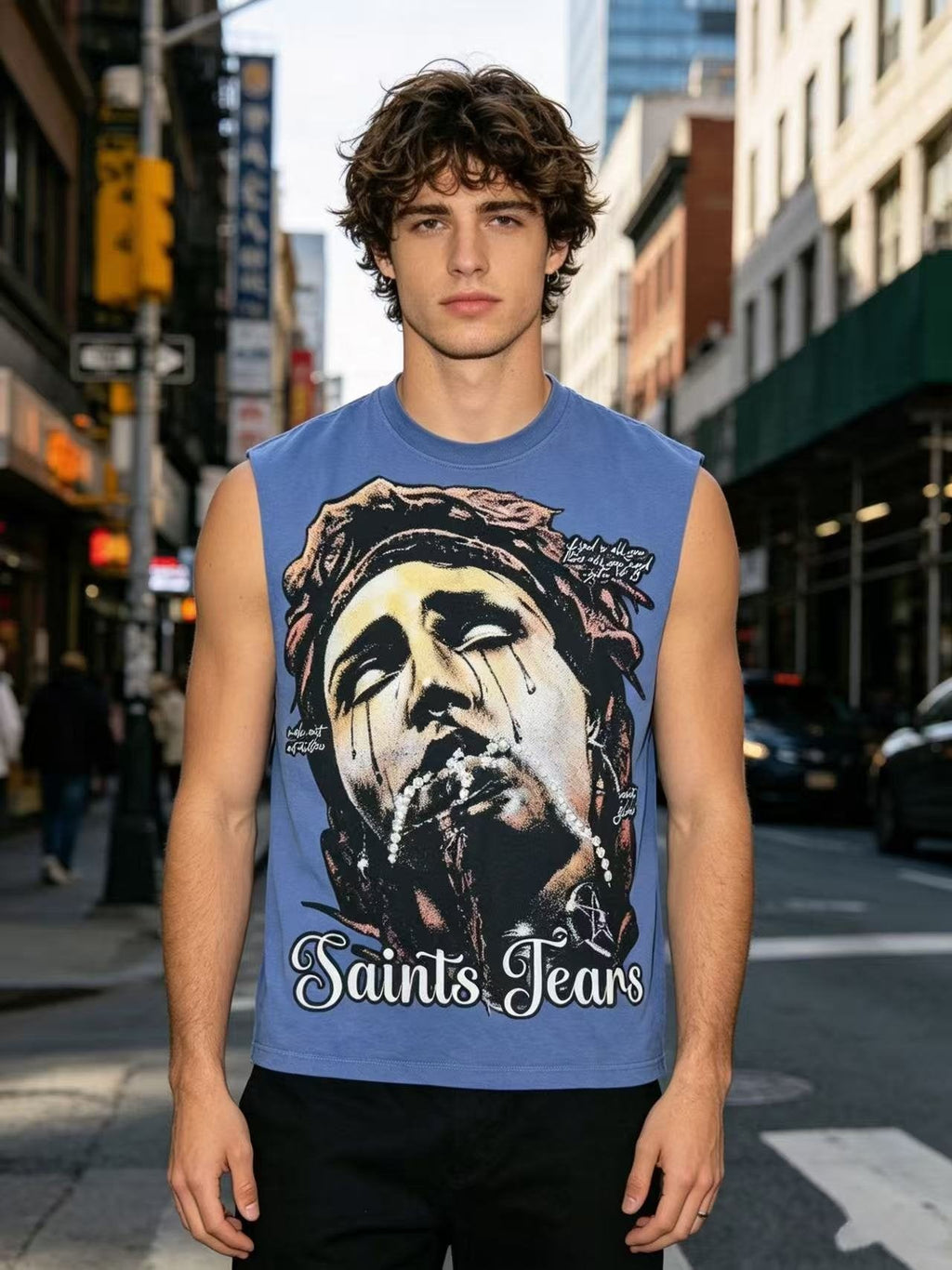 SAINT Tears & Crucifix Graphic Sleeveless T-Shirt ¡ª model