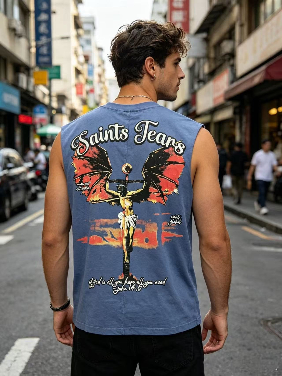 SAINT Tears & Crucifix Graphic Sleeveless T-Shirt ¡ª model