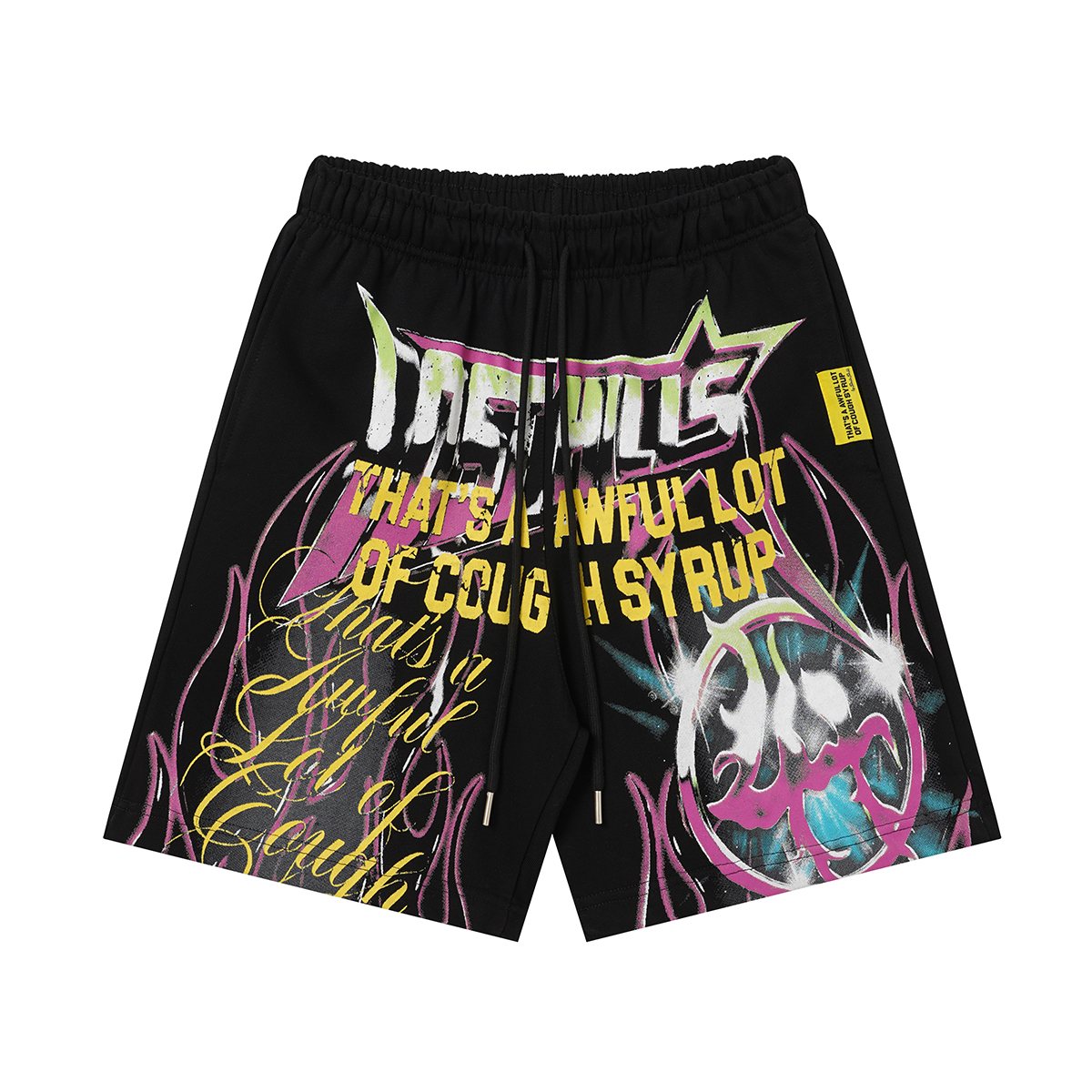 THAT'S A AWFUL LOT OF COUGH SYRUP Black Graphic Drawstring Shorts ¡ª hero