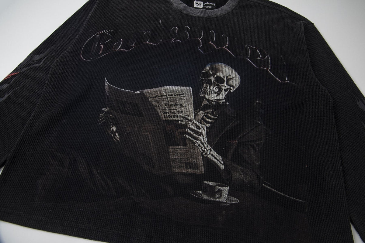 Godspeed Newspaper Skull Graphic Long-Sleeve T-Shirt ¡ª detail