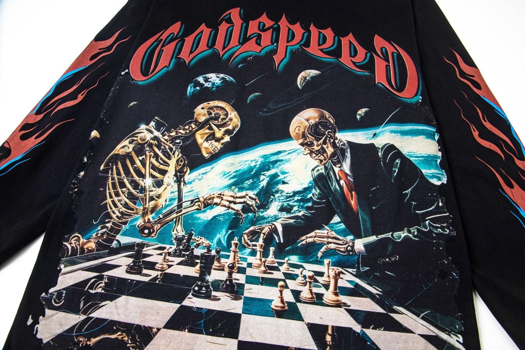 Godspeed Skeleton Chess Graphic Long-Sleeve T-Shirt ¡ª detail