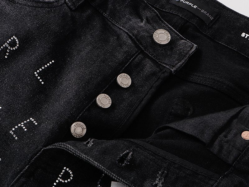 Purple Brand Black Rhinestone Graphic Denim Shorts ¡ª detail