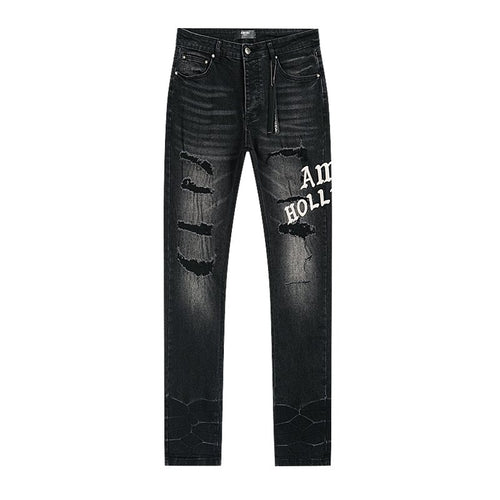 AMIRI Hollywood Lettering Distressed Jeans in Black ¡ª front