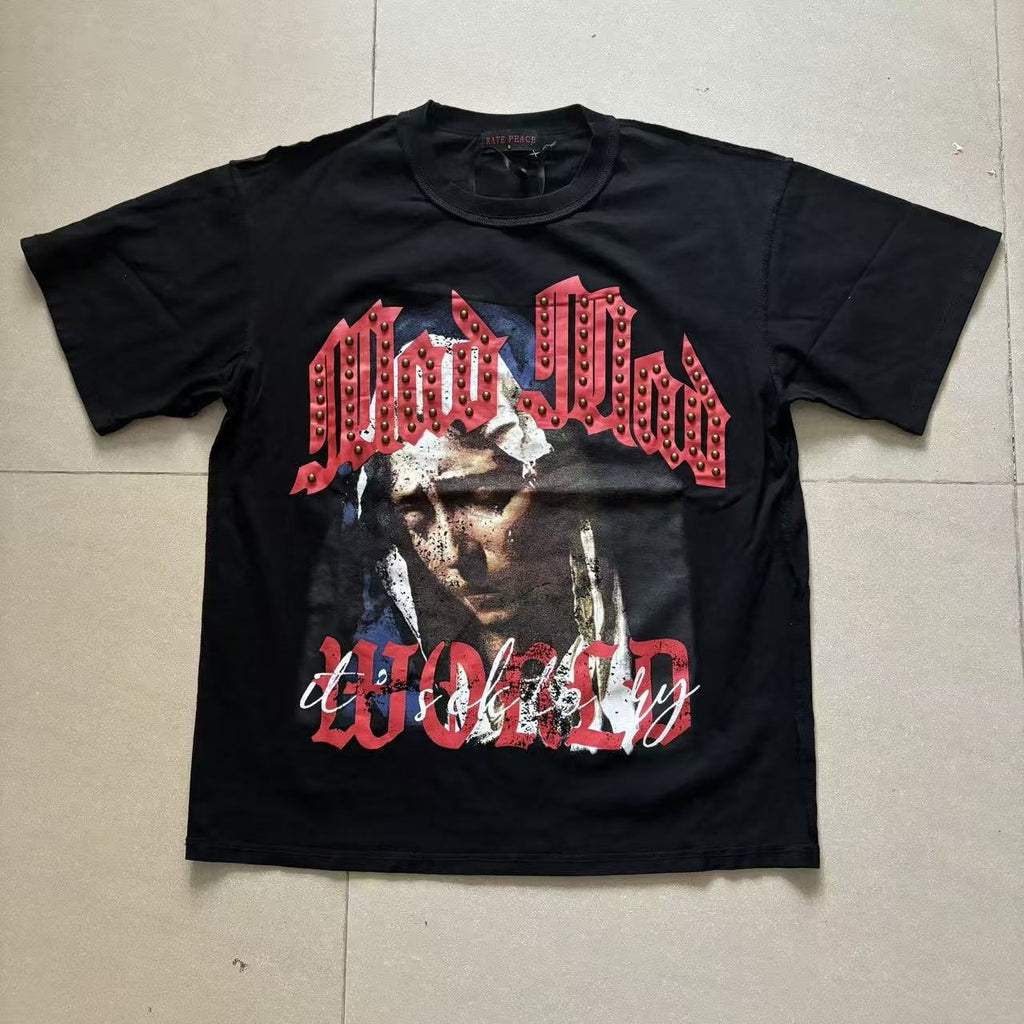 RARE PEACE Mad World Graphic Short-Sleeve T-Shirt ¡ª front