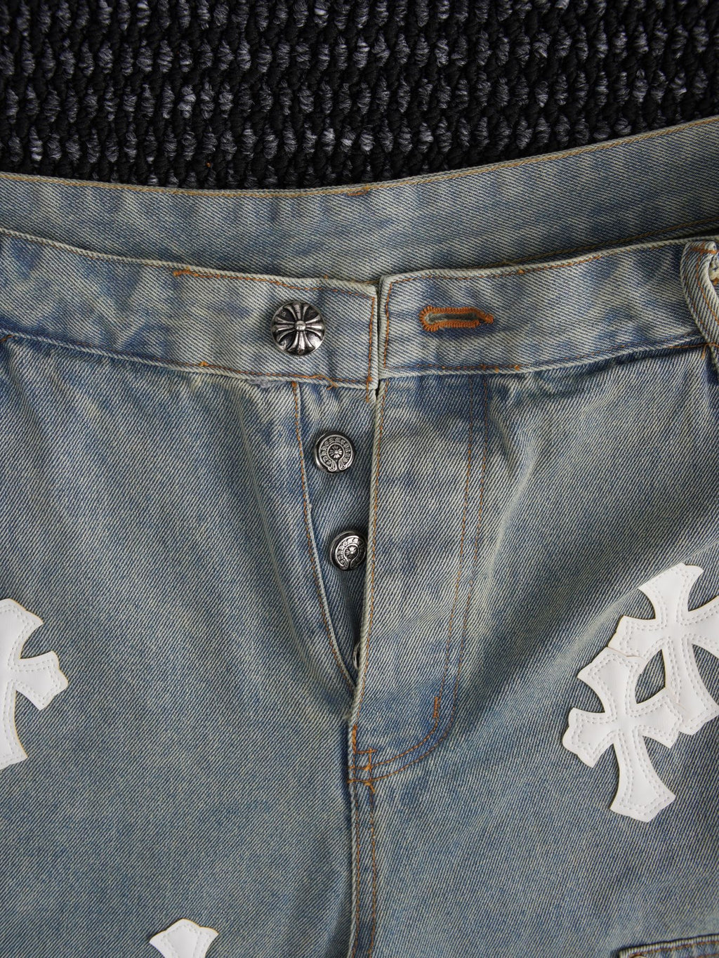 Chrome Hearts Cross Patch Light Blue Denim Shorts ¡ª detail