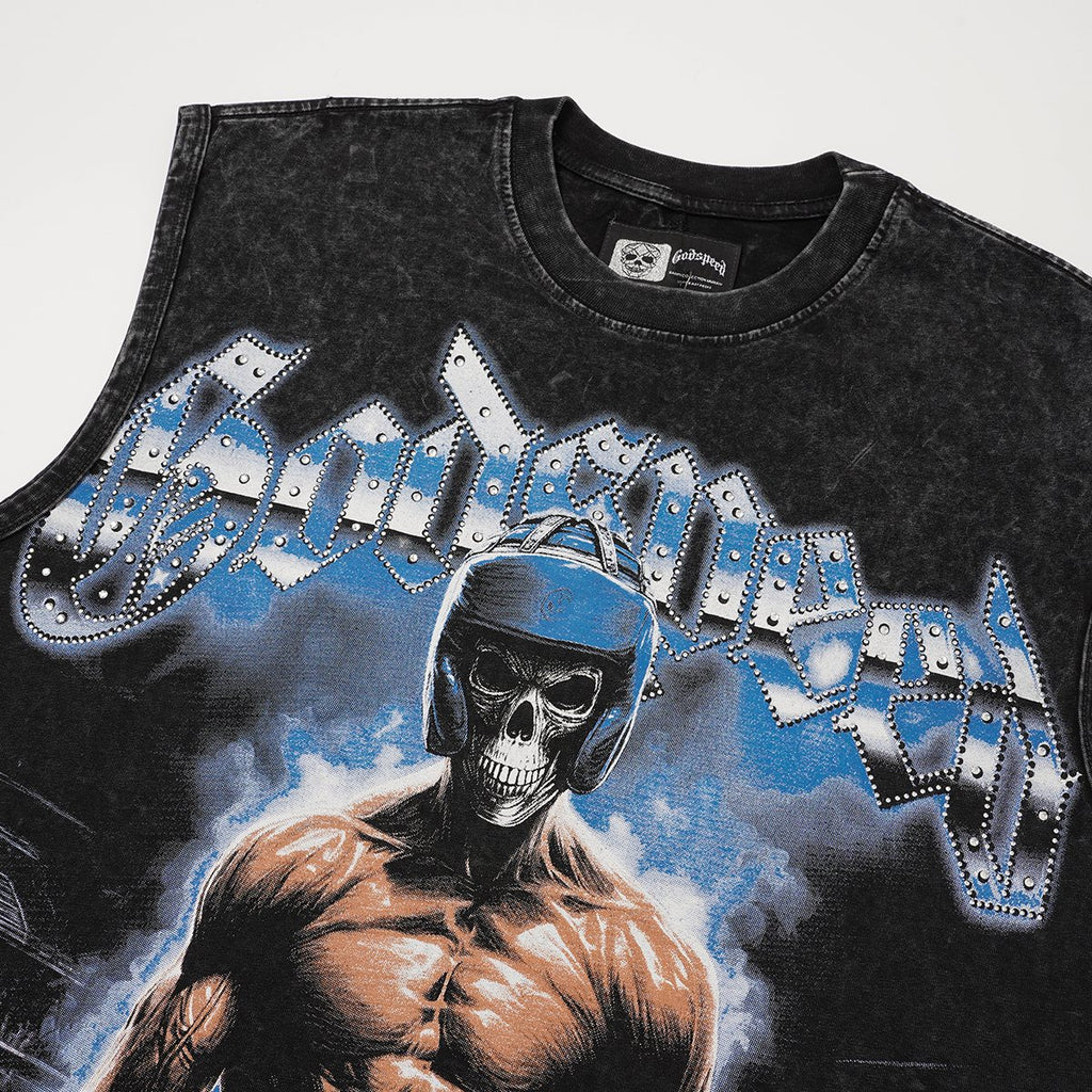 Godspeed Boxer Skull Graphic Acid-Wash Sleeveless T-Shirt ¡ª detail