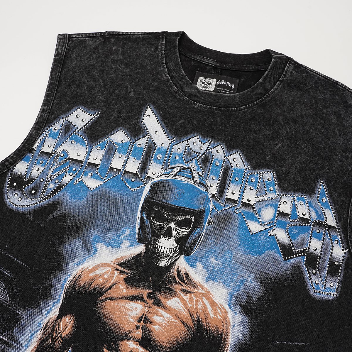 Godspeed Boxer Skull Graphic Acid-Wash Sleeveless T-Shirt ¡ª detail
