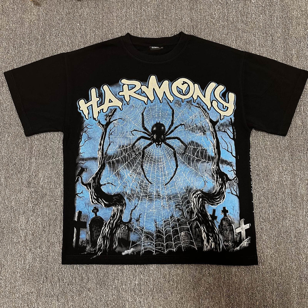 HARMONY Spider Web Graphic Black Short-Sleeve T-Shirt ¡ª front