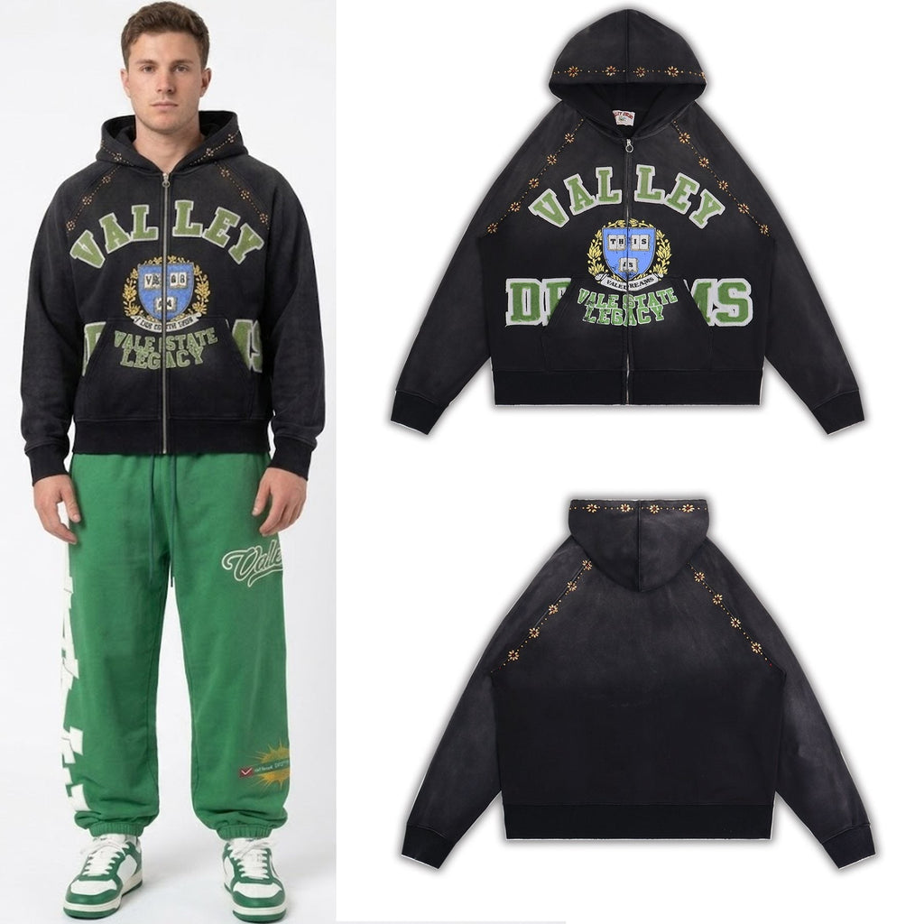 Valley Dreams Varsity Crest Washed Black Zip Hoodie ¡ª context