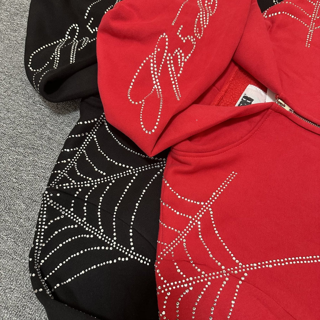 Sp5der Rhinestone Spiderweb Zip Hoodie & Pants Matching Set ¡ª detail