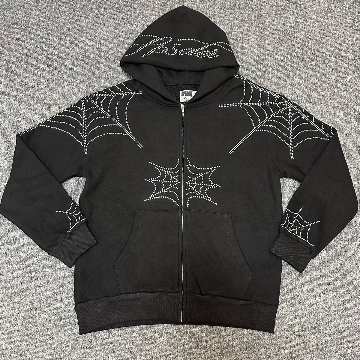 Sp5der Rhinestone Spiderweb Zip Hoodie & Pants Matching Set ¡ª front