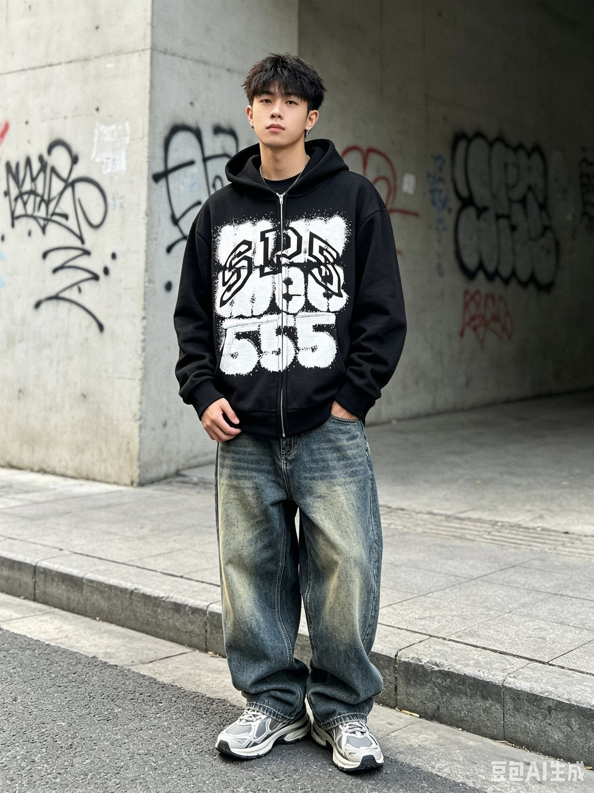 Sp5der Distressed Front Graphic Zip-Up Hoodie ¡ª context