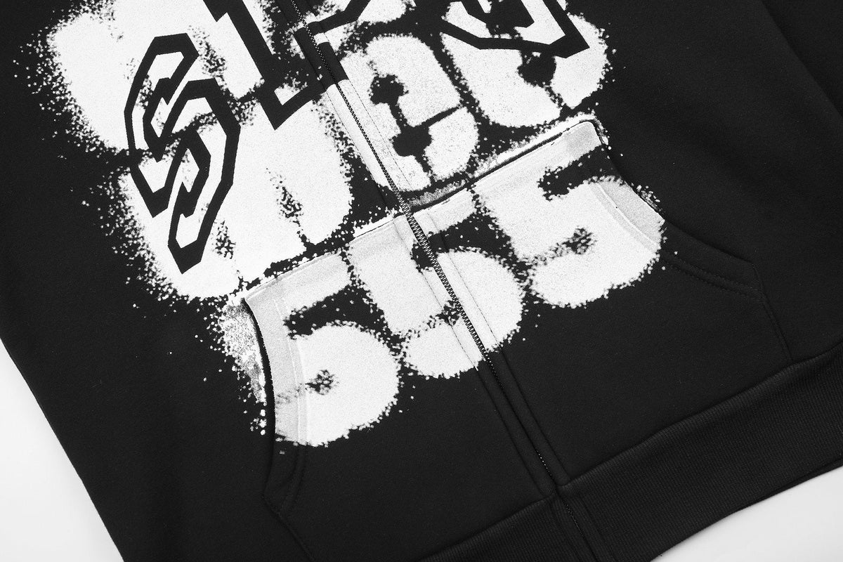 Sp5der Distressed Front Graphic Zip-Up Hoodie ¡ª detail