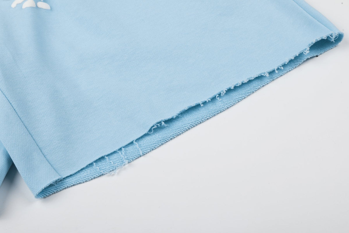 Sp5der Raised Graphic Raw Hem Shorts ¡ª detail
