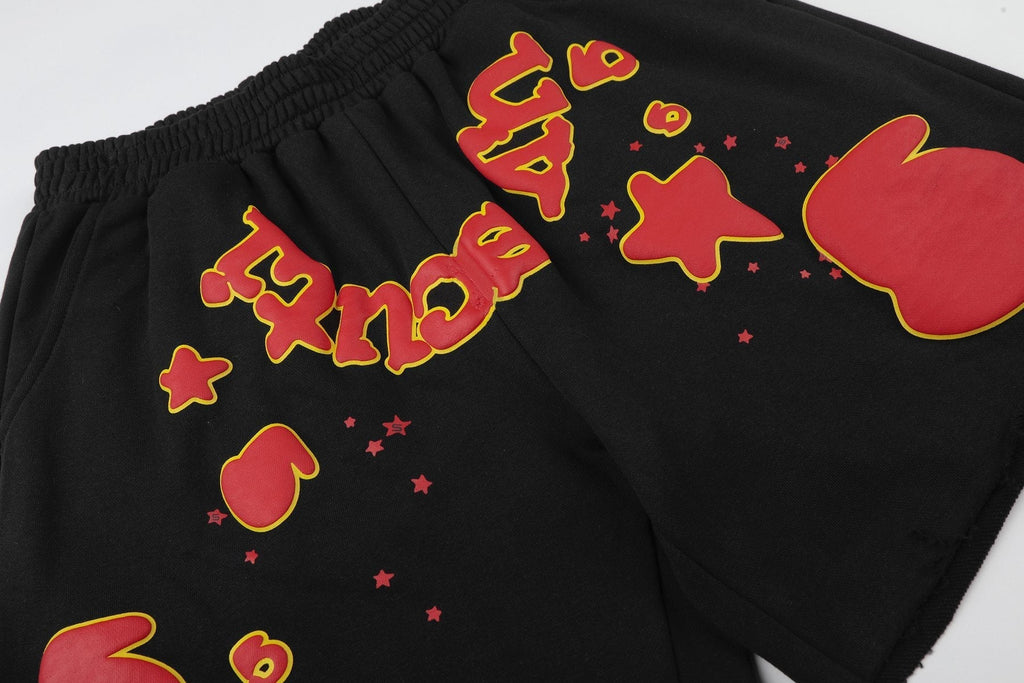 Sp5der Black Graphic Raw-Hem Shorts ¡ª detail