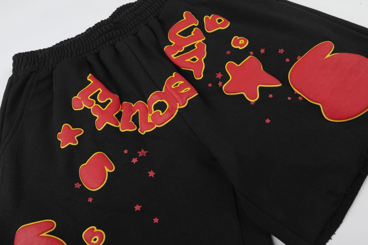 Sp5der Black Graphic Raw-Hem Shorts ¡ª detail