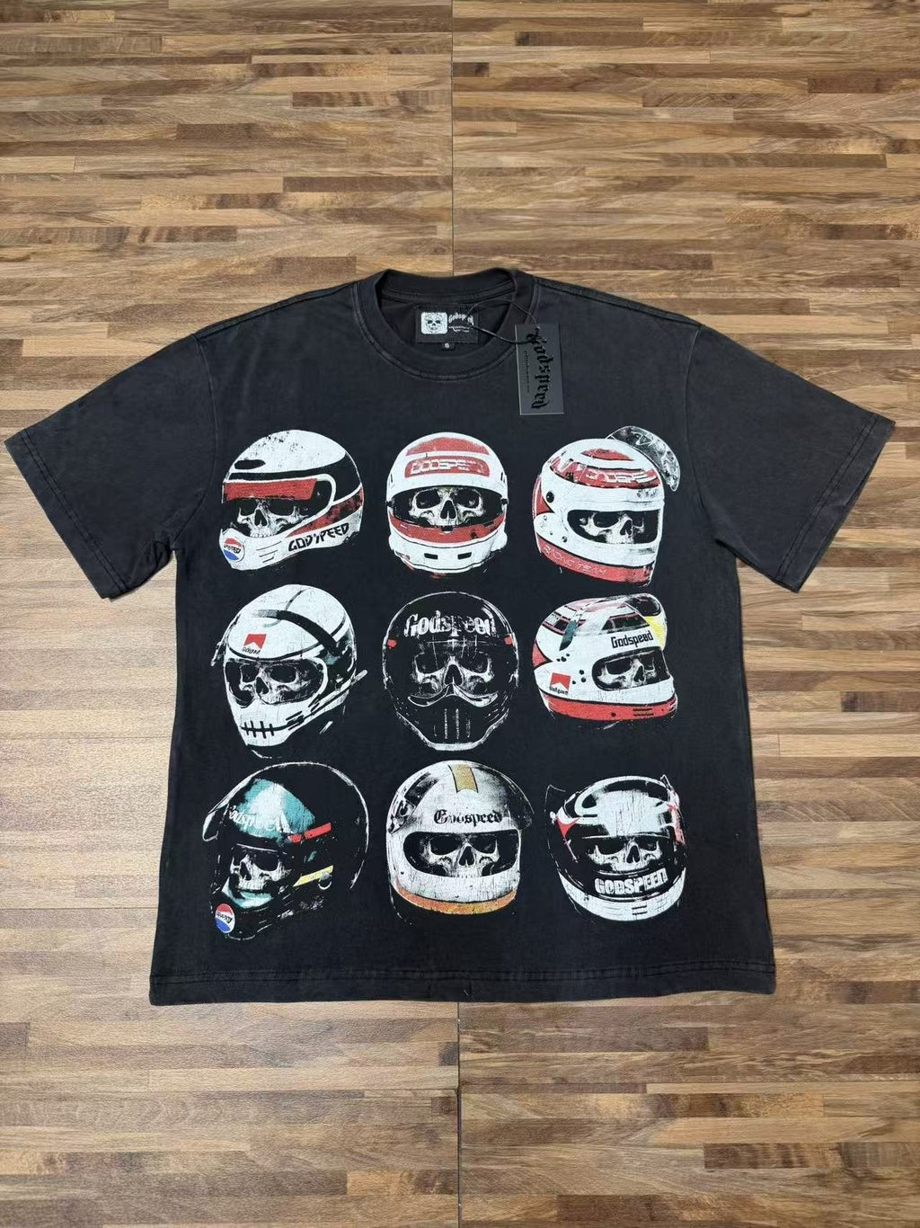 Godspeed Out of Many One Racing Helmet Graphic T-Shirt ¡ª front