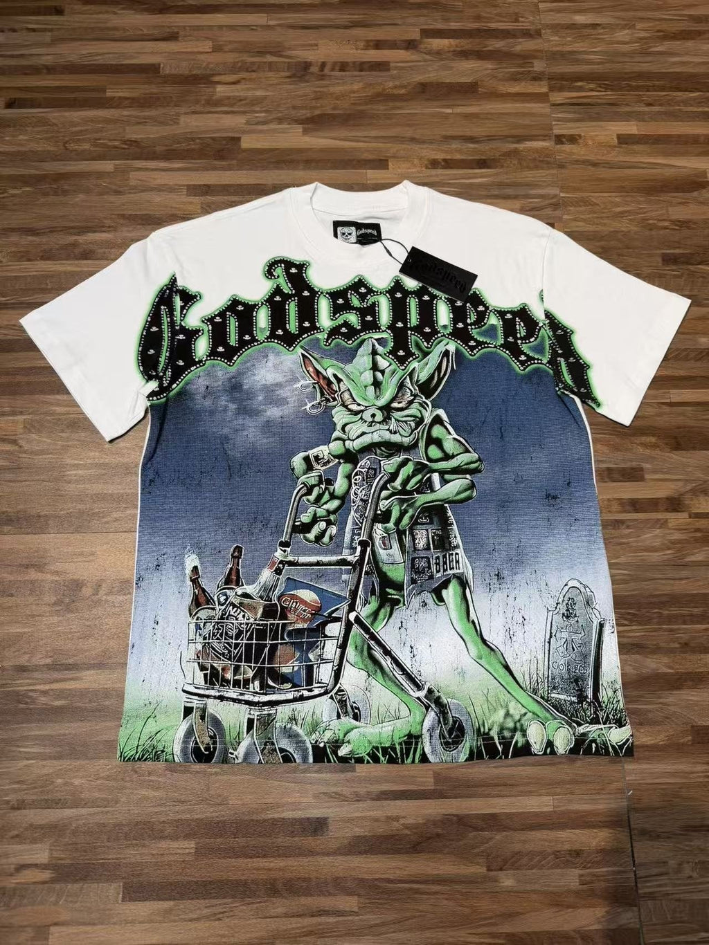 Godspeed Green Cart Character Graphic T-Shirt ¡ª front