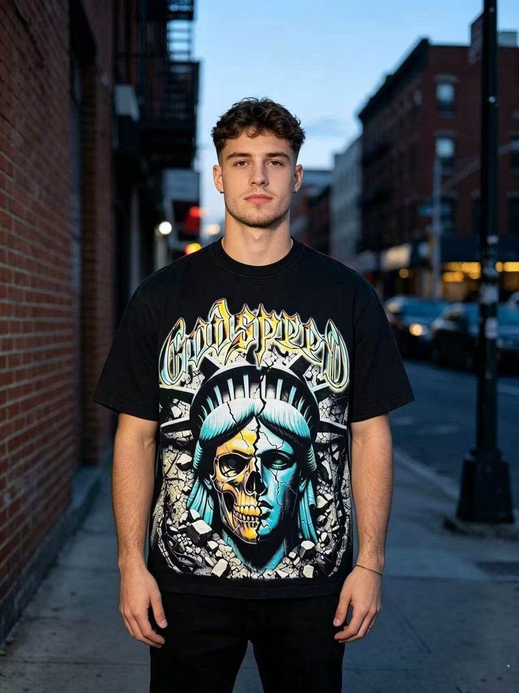 Godspeed Out of Many One Liberty Skull Graphic T-Shirt ¡ª model