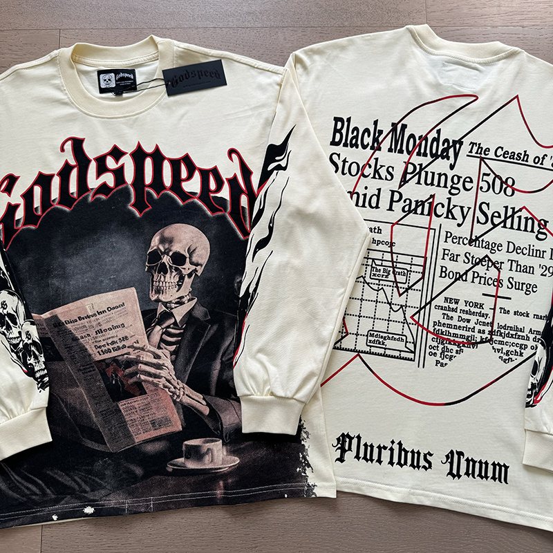 Godspeed Black Monday Skeleton Newspaper Long-Sleeve T-Shirt ¡ª comparison