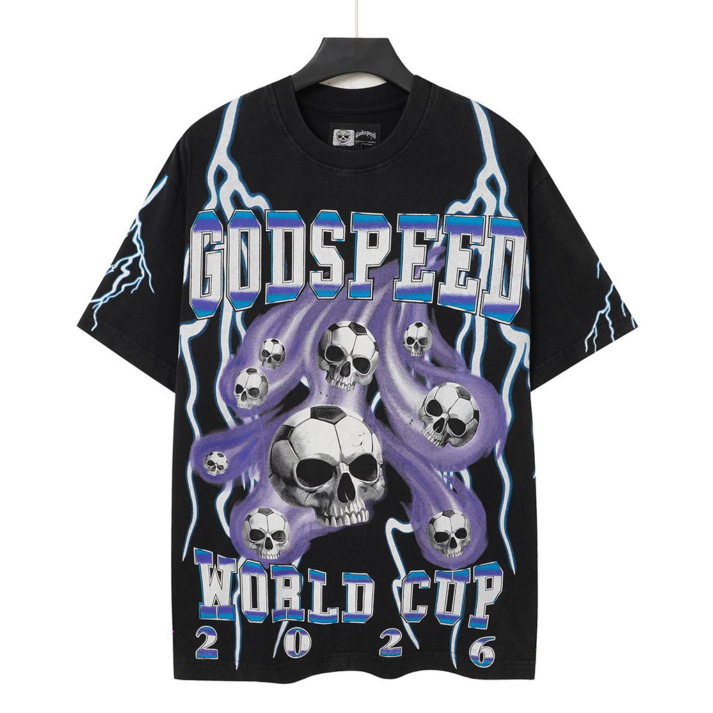 Godspeed World Cup 2026 Skull Soccer Graphic T-Shirt ¡ª front