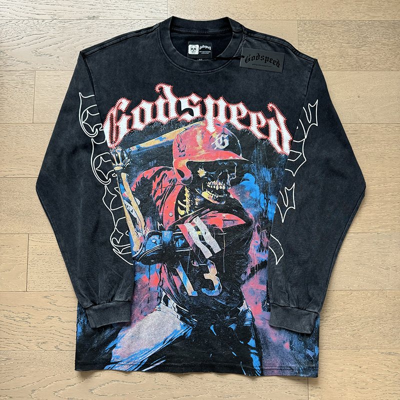 Godspeed Baseball Skeleton Graphic Long-Sleeve T-Shirt ¡ª front